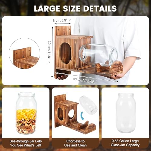 Wood Squirrel Feeder, Large Squirrel Feeders for Outside Garden Tree, Chipmunk Feeder for Corn Peanuts, Removable Storage Bottle, 1 Stable Squirrel Stools