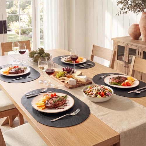 MOSAYT Vinyl Faux Leather Oval Placemats, Set of 6, Black