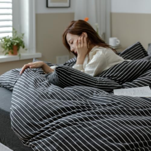 AOJIM Soft Jersey Knit Duvet Cover Full 3 Piece Black-White Striped Bedding