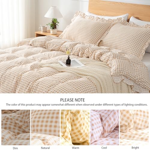 Gingham Duvet Cover, Queen Size, Beige, 3 Pieces