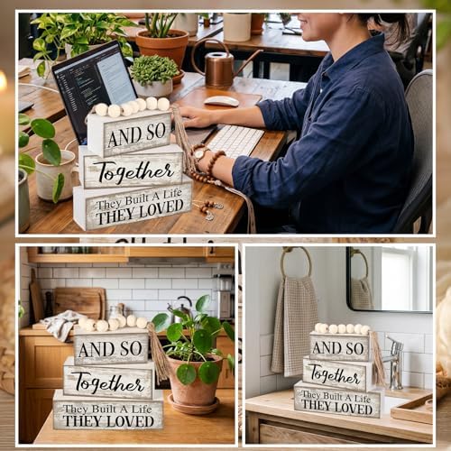 Yuntau 4 Pcs Farmhouse Table Centerpiece Wood Block Signs Tiered Tray Decor