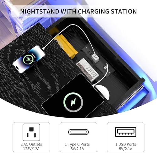 COWMOU LED Night Stand with Charging Station, Sliding Top Hide Storage, 2 Outlets and USB-A/C Ports Bed Side Tables Bedroom Set Black End Table for Living Room