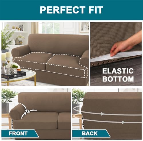 Turquoize 3 Piece T Cushion Loveseat Slipcovers Sofa Cover for 2 Cushion Couch Cover Washable Sofa Slipcover Furniture Covers with 2 Individual T Cushion Seat Covers (2 Cushion Loveseat, Macchiato)