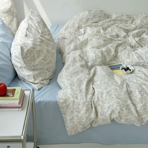 mixinni Blue Floral Duvet Cover Queen Size - 100% Cotton Soft Boho Comforter Cover with Zipper Closure 4 Ties, 3-Piece Vintage Aesthetic Botanical Bedding Set with 2 Pillowcases, All Season Bed Set