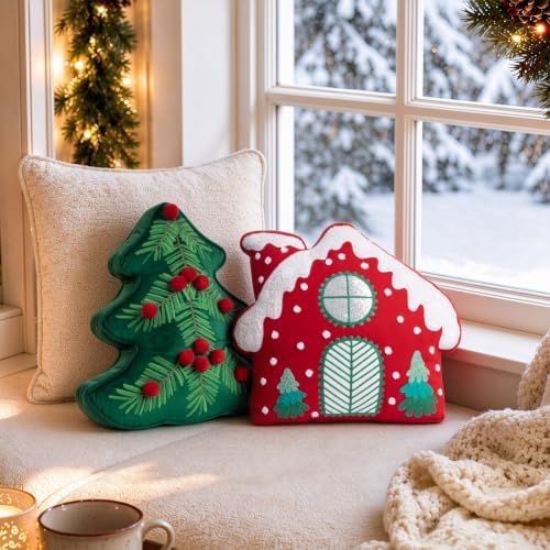 AELS Christmas House & Tree Pillow with Pom-pom, Holiday Throw Pillows