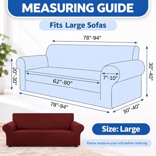 KEKUOU Stretch Couch Covers for Sofa, 3 Cushion Couch Slipcover,Dark Red
