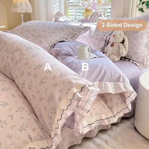 Boho Floral Queen Size Duvet Cover Set 3 Pcs,Purple Flower 100% Cotton Bedding Set with Lace Ruffles,Cottagecore Cute Soft Breathable Queen Comforter Covers with 2 Pillowcases 90"×90"