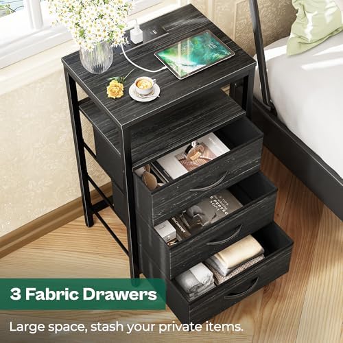 Huuger Nightstand with Charging Station, 27.6 Inch Bedside Table,Side Table