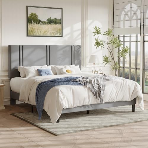 Allewie Cal King Platform Bed Frame with Velvet Upholstered Headboard