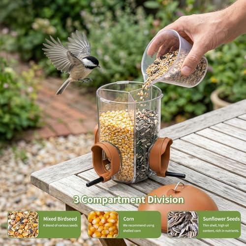 LONA Bird Feeder with 3 Compartments, Dome Bird Feeder for Outdoors, Brown