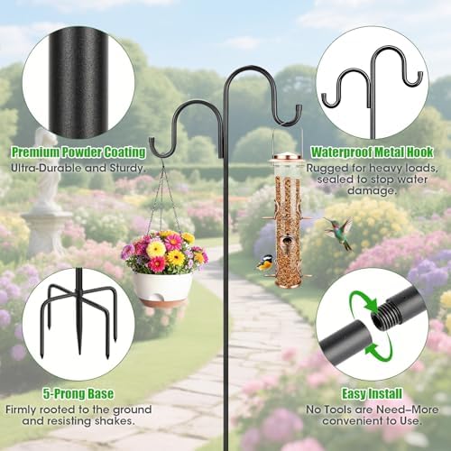 84 Inch Double Shepherds Hooks for Outdoor, Heavy Duty Bird Feeder Pole with 5 Prongs Base for Hanging Lantern, Hummingbird Feeder, Lightweight Plant, Shepherds Hook for Bird Feeders for Outside