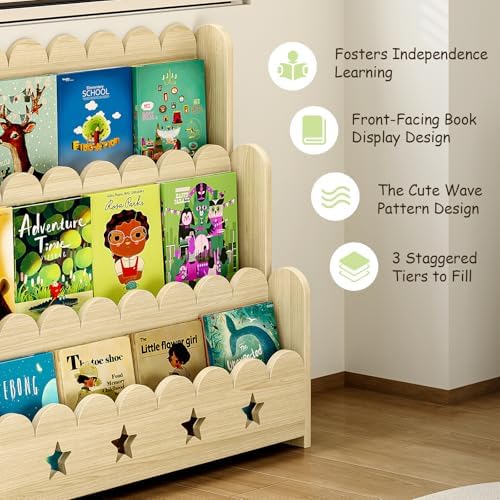 EXPERLAM Scalloped Bookshelf for Kids, 3-Tier Front Facing Book Display Shelf, Solid Wood Montessori Bookcase Organizer for Bedroom, Nursery, Playroom & Classroom