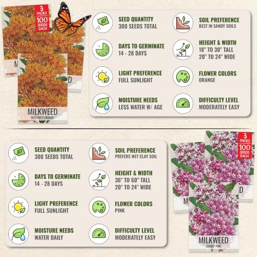 Seed Needs Milkweed Seeds Variety Pack of 15 Perennial Flowers for Monarchs