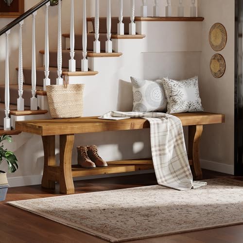 Solid Wood Entryway Bench, 55" End of Bed Bench, Long Indoor Dining Seat for Hallway, Bedroom, Living Room, Dining Room, Easy Assembly, Brown