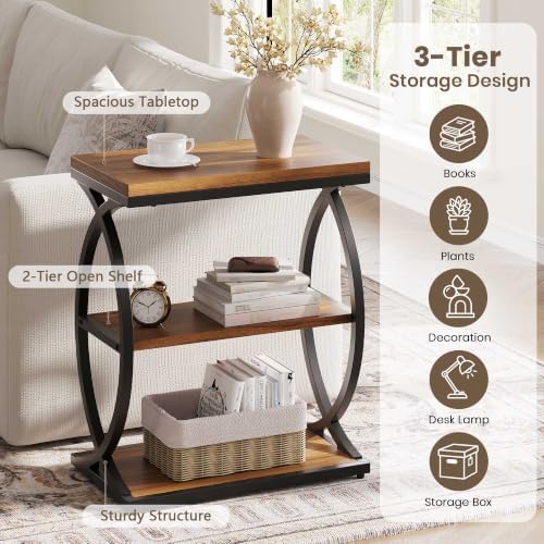 Vabches Narrow Side Table with Storage Shelf,3-Tier End Table with Artistic Curved Metal Frame,Industrial Bedside Tables for Small Space,Living Room,Bedroom,Home Decor,Walnut & Black