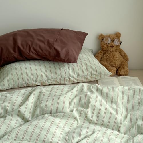AOJIM Green & Russet‑Red Striped Duvet Cover Twin XL 3Pcs Vintage Bedding