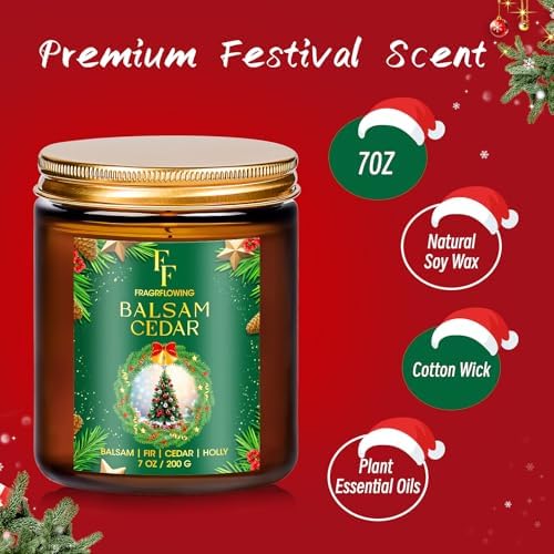 Christmas Candle, Balsam Cedar Scented Candles for Home, Holiday Candles Natural Soy Candle, Aromatherapy Candle 7 oz Jar Candles Christmas Gift for Women Men
