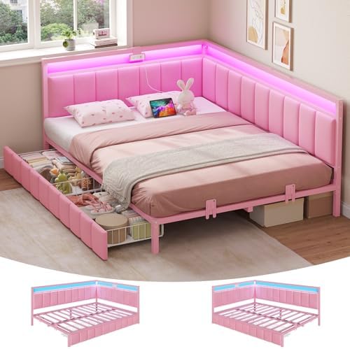 DICTAC Full Corner Bed Frame with 2 Storage Drawers and Charging Station Full Size Velvet Platform Bed Frame for Girls with Led Lights and Upholstered Guardrail,Full Size Daybed for Teen &Adult,Pink