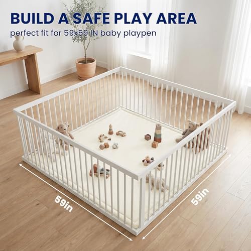 Huloo Sleep Ultra Soft Baby Play Mat for Floor, 1.3" Thick Elasti-Foam 59x59 Play Mat for Playpen,Water-Repellent Coral Velvet for Tummy Time, Non-Slip Backing,Safe for Toddlers & Infants（Cream）