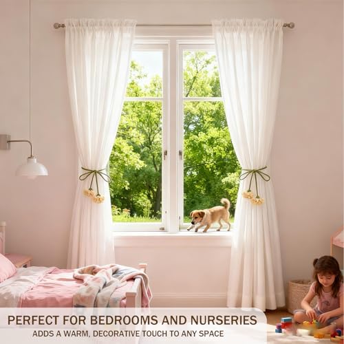 Handmade Curtains Tiebacks, Boho Flower Curtain Tie Backs Curtain Holder Tie Backs for Curtains Braided,Cute Flower Curtain Ties Decorative Rope for Bedroom Window Treatment (Light Yellow)