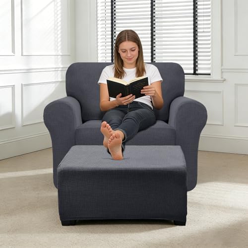 3 Piece Stretch Matching Chair and Ottoman Slipcover Set, Jacquard Arm Chair/Ottoman/Fitted Seat Covers, Non-Slip Accent Armchair and Foot Stool Slip Cover (Blue Gray,3 Pieces Set)