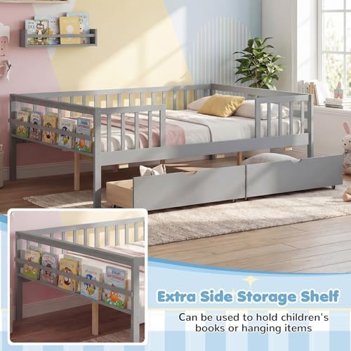 KOMFOTT Full Bed Frame with Rails, Wood Daybed with Side Shelf & 2 Storage Drawers, Platform Bed with Guardrail & Wooden Slat Support for Kids Teens, No Box Spring Needed (Full,Grey)