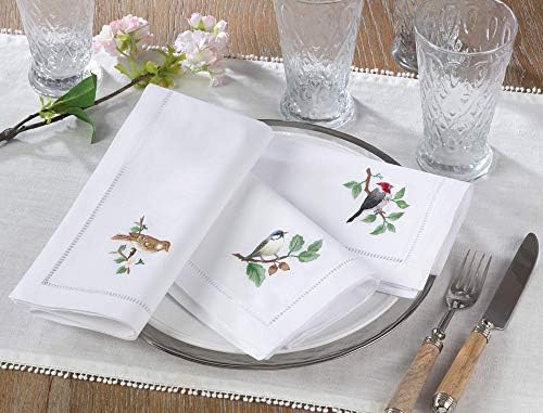 Handmade Bluebird Embroidery Napkin with Hemstitched Border (Set of 6)