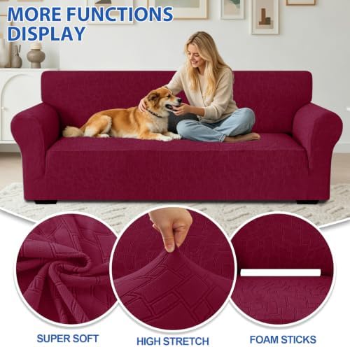 MAXIJIN Waterproof Oversized Couch Covers (91"-110"), Stretch Extra Large Sofa Cover Slipcovers with Non Slip Elastic Bottom, Pet Friendly Furniture Protector Washable (X-Large, Wine Red)