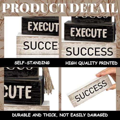 Yuntau 4 Pcs Motivational Desk Decor Wood Block Signs Focus Execute Success