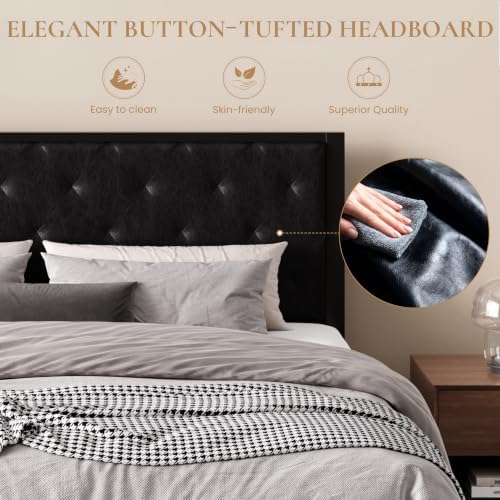 SHA CERLIN King Size Metal Bed Frame with PU Tufted Headboard, Black