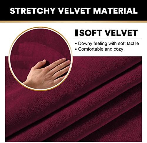PrinceDeco Velvet Couch Covers for Sofa Soft 4 Pieces Couch Covers for 3 Cushion Couch Sofa Pet Friendly Furniture Protector with Non Slip Elastic Bottom Width Up to 90 Inch(Large, Burgundy)