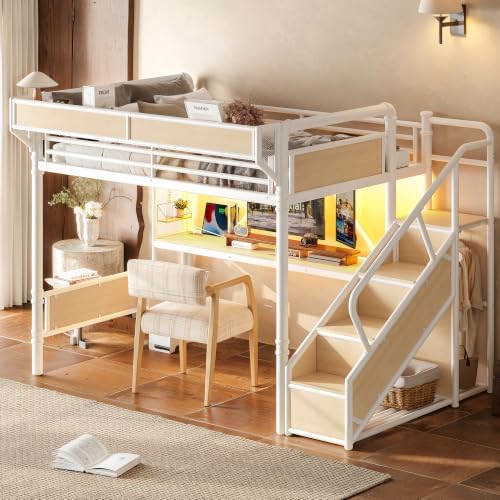 Bellemave Queen Metal Loft Bed with Stairs and Desk for Kids,Adults,White