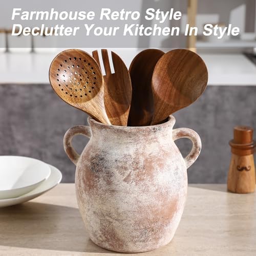 Ceramic Farmhouse Kitchen Utensil Holder for Countertop, Rustic Cooking Utensil Holder Crock Fit for Kitchen Counter.