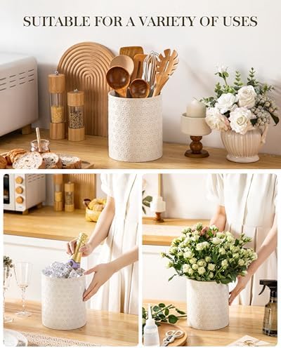 MALACASA LYDIA Ceramic Utensil Holder, 7.3"+5.5" Kitchen Utensil Crock Set for Countertop, Large & Small Utensil Organizers for Cooking Tools, Five-Leaf Grass Pattern