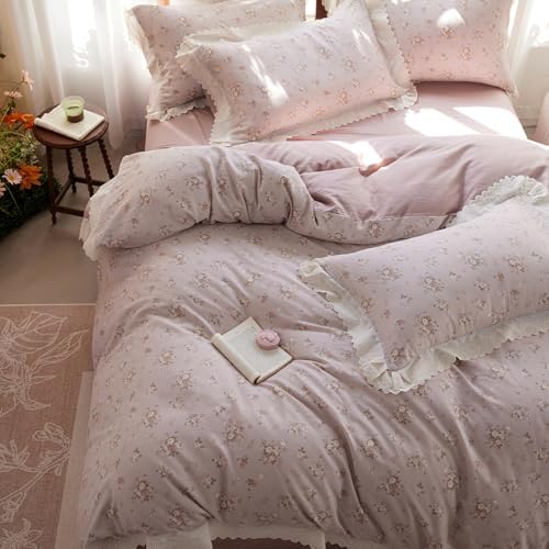 HighBuy Chic Floral Muslin Duvet Cover Full Size,Boho Vintage Gauze Cotton Floral Bedding with Ruffle Lace,Durable Bedding,Farmhouse Comforter Cover Sets 1 Duvet Cover and 2 Pillowcases