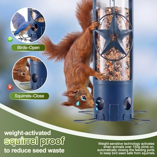 Squirrel Proof Bird Feeders for Outdoors with Weight-Activated, 3LB Large Metal Wild Bird Feeders for Cardinals,Blue Jay,Finch, Weatherproof Durable Tube Hanging Bird Feeder for Backyard,Garden,Patio