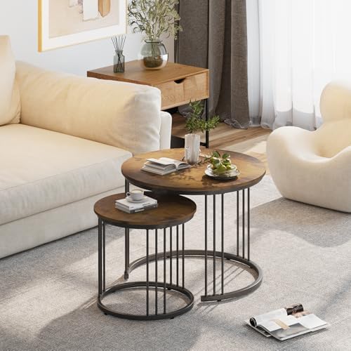 Garden 4 you Nesting Coffee Table, 23.6" Round Coffee Table Set of 2, Wooden Nesting Table with Metal Frame, Ceter Tables for Living Room Bedroom Balcony, Rustic Brown