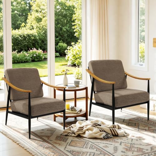 RNKSFX Modern Accent Chairs Set of 2 for Living Room Bedroom Mid Century Arm Chairs Upholstered Office Accent Chairs Comfy Waiting Room Chairs with Metal Frame, Brown