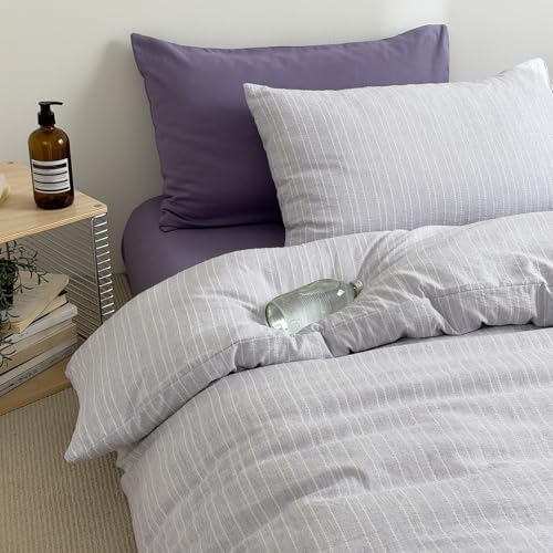 Cottage Lilac Striped Twin Duvet Cover Vintage Textured Bedding Set 3-Piece