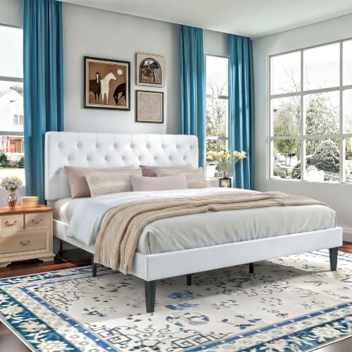 HOMBCK King Size Bed Frame, Upholstered Bed Frame with Headboard, White