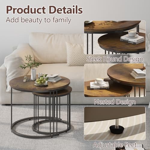 Garden 4 you Nesting Coffee Table, 23.6" Round Coffee Table Set of 2, Wooden Nesting Table with Metal Frame, Ceter Tables for Living Room Bedroom Balcony, Rustic Brown