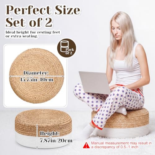 Briwooody 2 Pcs Handmade Round Cotton Knit/Water Hyacinth Low Pouf Ottoman
