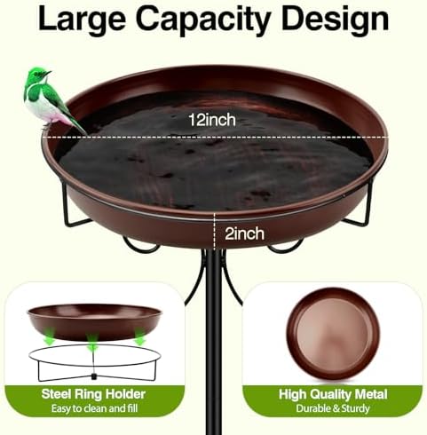 Daoeny Heavy Duty Bird Baths for Outdoors, 35In Outdoor Freestanding Birdbaths & Birdfeeder, Bird Bath Feeder Bowl with Metal Stake Garden Patio Yard Lawn Decor, Upgraded 5-Pronged Base (Brown)