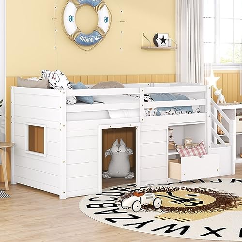 Bellemave Twin Size Low loft Bed for Kids,Wood Loft Beds,Modern Farmhouse Twin loft Bed,Loft Bed with Desk and Storage, No Box Spring Needed,for Kids,White