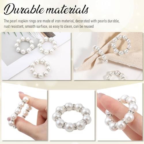 12 PCS Pearl Napkin Rings, White Napkin Rings Buckles for Table, Beaded Pearl Napkins Ring Holders for Wedding Table Decor, Formal Dinner
