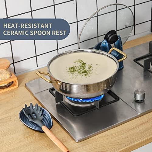 Hasense Ceramic Spoon Rest for Stove Top, 5.7” Spoon Holder, Grey and Blue
