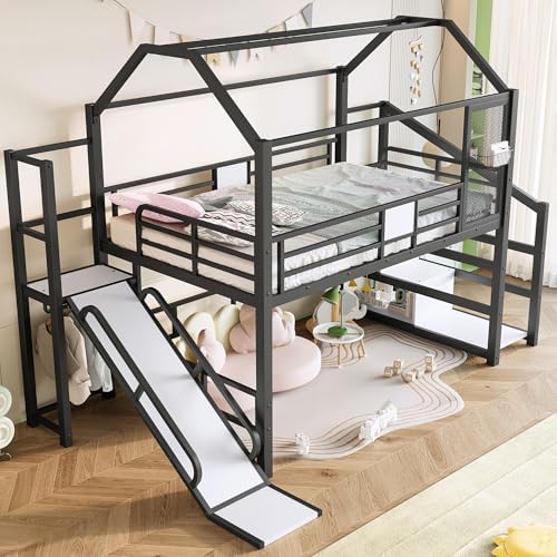 Bellemave Full Size Metal House Loft Bed with Slide and Stairs,Playhouse Heavy Duty Loft Bed Frame with Storage Shelves for Kids,Teens,Adults,Black