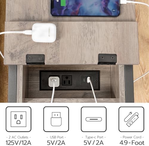 HOOBRO End Tables Living Room, Narrow Side Table with Charging Station, 3-Tier Small Bedside Table with Drawer, Storage Shelves, for Small Spaces, Bedroom, Greige and Black BG041BZ01G1