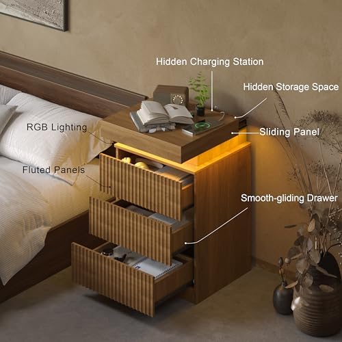 Fluted Nightstand with Charging Station and LED Light, Bedside Table with Sliding Top, USB Ports and AC Outlets, 3 Drawer Storage Cabinet, Modern End Table for Bedroom, Walnut