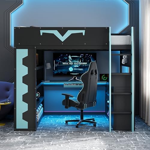 Merax Full Size Loft Bed with Desk & RGB Lights, Wooden Pro-Gamer Bed with Power Outlet, Large Bookshelf, Pegboard, Keyboard Tray & Storage Drawer